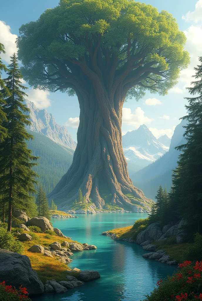 Forest with the World Tree A landscape view of the World Tree from above, with a lake filled with clear water