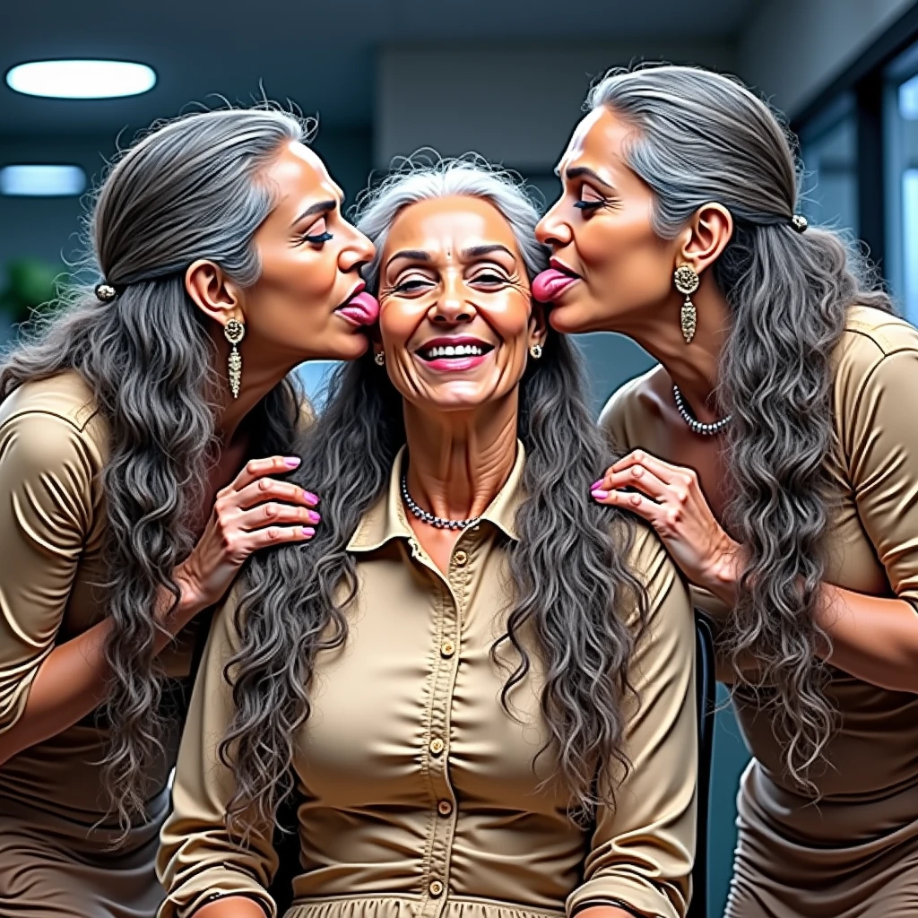 (Best Quality),(High resolution),(8k), (Masterpiece),{{{Full frame office}},{{Full Bodies}}},in indian modern light flooded room,three eldery ladies in age 60 in full nude wearing office licking their eldery 65 years old full indian boss with thier wildly open tongues and licking her hair scalp, keeping all hairs totaly wet and styled with using extreme and exteme ultimate super exessive amount of hairgel+hair oil,{hairs like gel+oil drenched super supreme pulp,Shining like mirrors},image prompt relevant hairs and hairstyles, a glorious reaching up to each of themselves knee level, were not merely styled – they were pulpted. Gallons, yes gallons, of oil had been artfully woven into each strand, transforming them into glistening, high-definition hairs that defied gravity. Oil, a luxurious cascade, gallons high viscus hair oil,defied gravity,All Ladies relevant hairs reaching up to each of themselves knee levels,roughly doing hair licking with tongues as per image prompt,image prompt relevant actions, image prompt relevant poses,Image prompt relevant tongues,image prompt relevant tongues actions,{{{{{{Image promt background keep remain same}}}}}},{{{{{Hairstyles exactly as per the image prompt and improve their hairs oiliness into like they styled image promt hairsstyles with highly ultra drencched with gallons of hair oil and improve hairs shinning like mirrors}}}},{{{Ladies tongues out and keep licking head scalps as per the image prompt in more cinematic way}}}},{{{{{{{{Enhance image prompt with cinematice HDR color grading with saturation}}}}}}}}}},