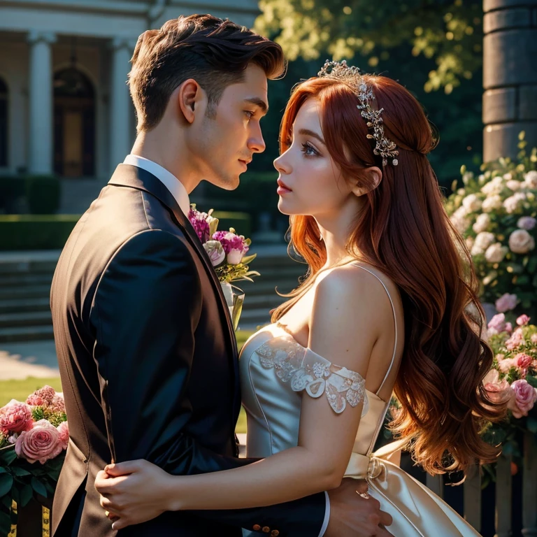 (masterpiece, best quality:1.5), highest quality, High resolution, super detailed, Realists, Upper body photo of a red-haired flower girl and a boy in a suit, detailed and beautiful eyes, beautiful detailed lips, very detailed eyes and face, longeyelashes, Young girl in short pink dress made of shiny satin fabric, Beautiful and colorful makeup, elegant and noble々Pose,shiny satin headband, grind, Holding flowers, Gardens as background, soft daylight, bright colors, fine brushstrokes, Portrait style, Noble details in the dress fabric, beautiful color palette, glowing skin, First-class rendering, that captures every detail, enchanting atmosphere, subtle shadows and lights, (perfect anatomy:1.2), (The stunning flower girl is in love with a boy in a suit. Exchanging glances. First kiss. (magnificent panorama view:1.2)