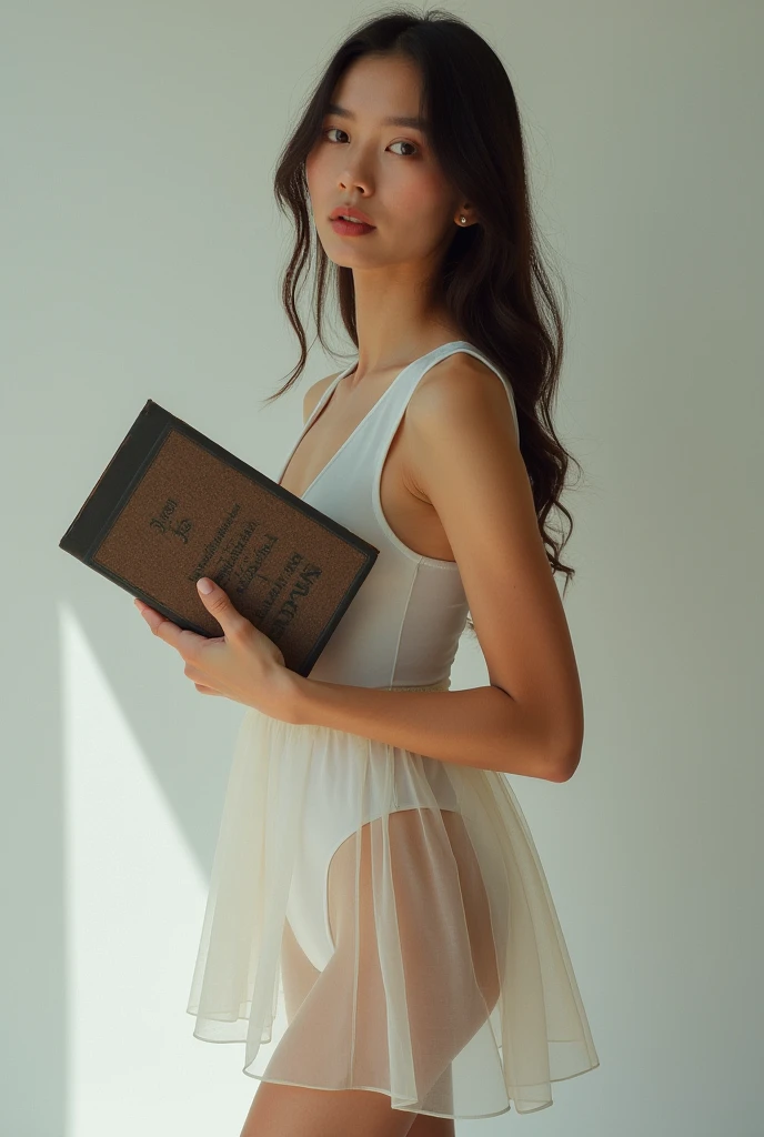 A woman wearing a swimsuit and a transparent skirt over it, wearing long socks, holding a large book in her hands, fashion photography