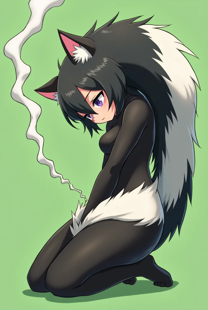 a anime skunk woman on her hands and knees arching her back towards the camera showing off her ass whilst visibly farting with green gas coming out of her ass