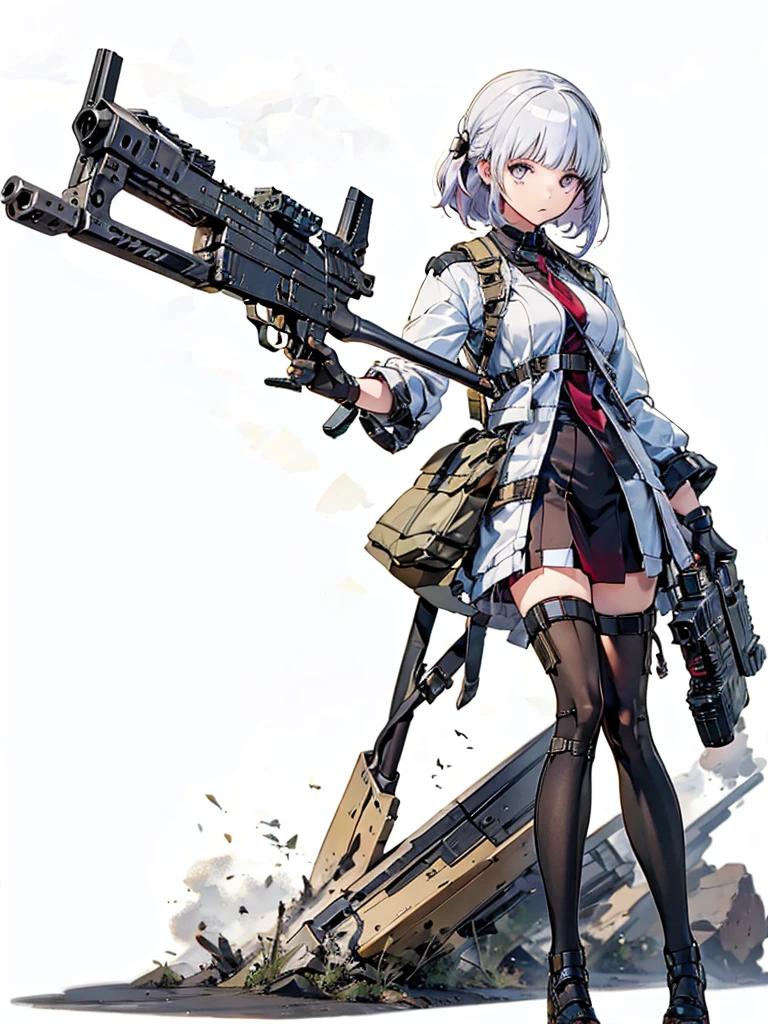  holding_gun, assault_rifle, Very detailed, Anime Style, whole body, alone, Stylish Gunfighter Girl, Holding a steampunk long barrel pistol,Standing in the wasteland, 8K high resolution, White Background, whole body