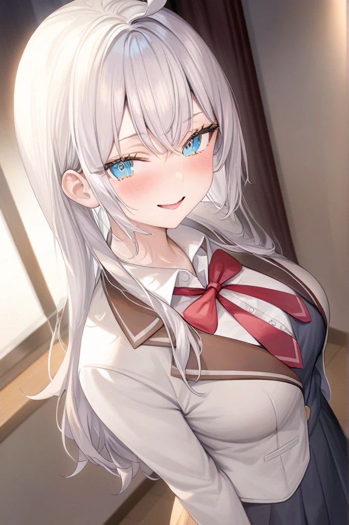 ((masterpiece)),((Highest quality)),High resolution,Highly detailed CG,Perfect lighting,8k wallpaper, One Girl,,Silver Hair,Very long hair,Bright Blue Eyes,Looking into the camera, Alisa Mikhailovna Kujo 、Large Breasts、smile、Blazer Uniform、Grey jacket