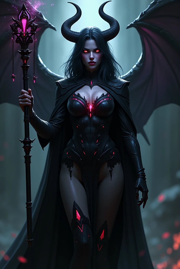 titaraven with red colors with horns and red eyes, casting shadows with a scepter. He has medium hair and pale white skin.. His full body is shown