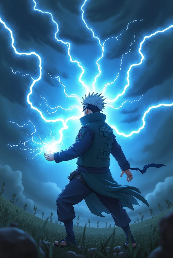 Kakashi Sensei performs Raikiri, emitting a blue light in the midst of the thunder.