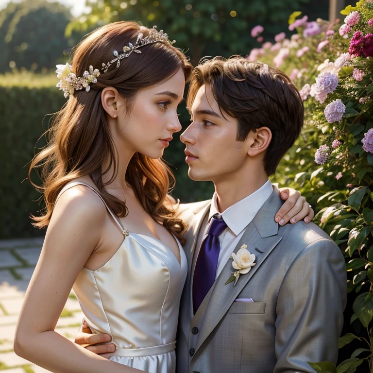 (masterpiece, best quality:1.5), highest quality, High resolution, super detailed, Realists, Upper body photo of a red-haired flower girl and a boy in a suit, detailed and beautiful eyes, beautiful detailed lips, very detailed eyes and face, longeyelashes, Young girl in a short dress made of shiny purple satin fabric, Beautiful and colorful makeup, elegant and noble々Pose,shiny satin headband, grind, Holding flowers, Gardens as background, soft daylight, bright colors, fine brushstrokes, Portrait style, Noble details in the dress fabric, beautiful color palette, glowing skin, First-class rendering, that captures every detail, enchanting atmosphere, subtle shadows and lights, (perfect anatomy:1.2), (The stunning flower girl is in love with a boy in a grey suit. Exchanging glances. First kiss. Grabs the breasts (magnificent panorama view:1.2)
