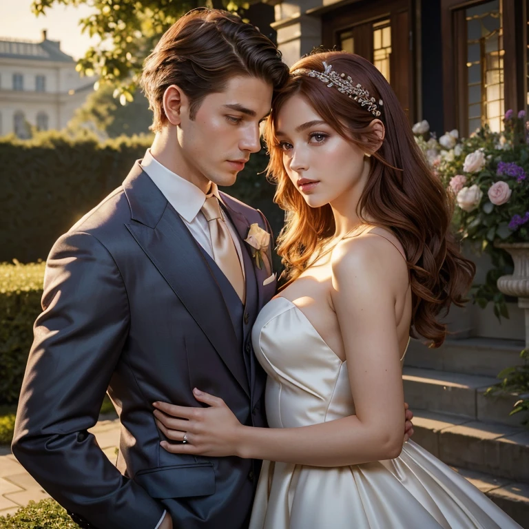 (masterpiece, best quality:1.5), highest quality, High resolution, super detailed, Realists, Upper body photo of a red-haired flower girl and a boy in a suit, detailed and beautiful eyes, beautiful detailed lips, very detailed eyes and face, longeyelashes, Young girl in a short dress made of shiny purple satin fabric, Beautiful and colorful makeup, elegant and noble々Pose,shiny satin headband, grind, Holding flowers, Gardens as background, soft daylight, bright colors, fine brushstrokes, Portrait style, Noble details in the dress fabric, beautiful color palette, glowing skin, First-class rendering, that captures every detail, enchanting atmosphere, subtle shadows and lights, (perfect anatomy:1.2), (The stunning flower girl is in love with a boy in a grey suit. Exchanging glances. First kiss. Grabs the breasts (magnificent panorama view:1.2)