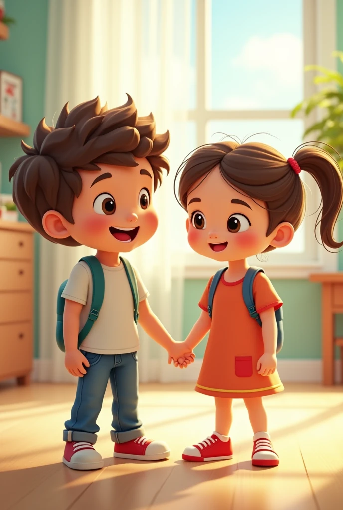 Animated realistic preschool student boy and girl