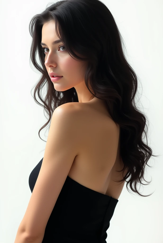 Woman, long hair, blackw,  pretty, Youngh, Caucasian skin, white background, posing sideways, gazing, he would be, chic, vestido blackw, using outlined
