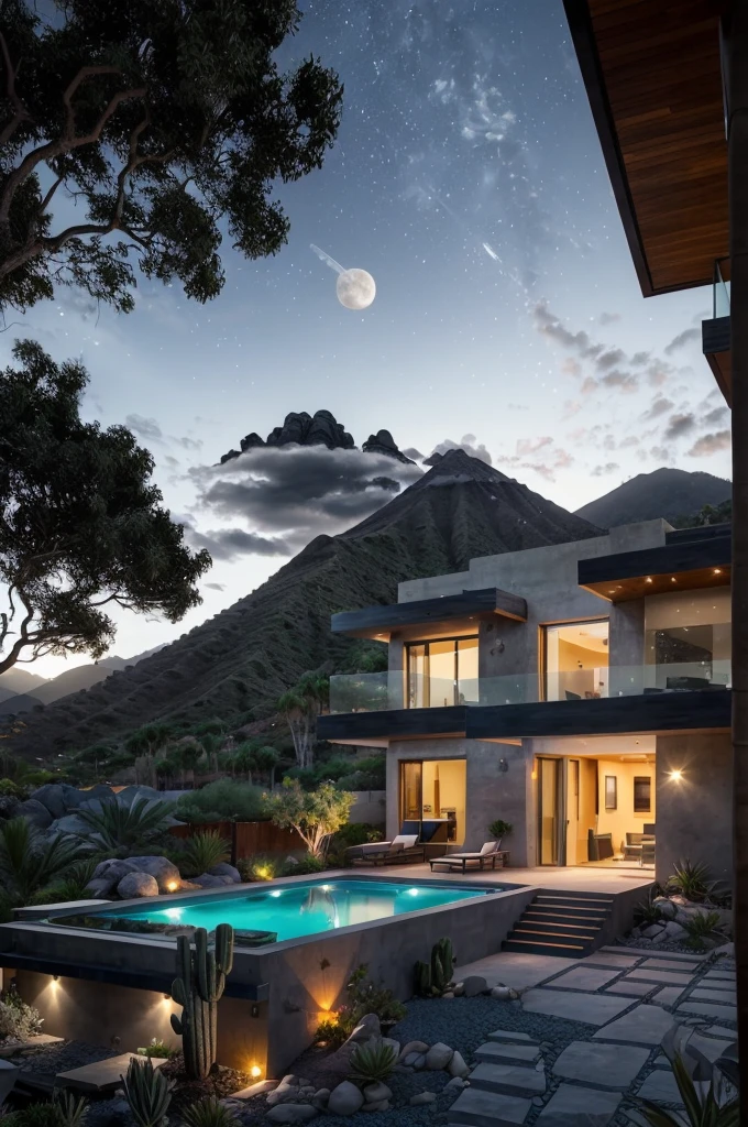 small and beautiful modern house in top of big boulders, terraces, pool, stairs, multiple cacti gardens, palms, trees, rocks, beautiful landscape design, mountains and volcano y background, amazing clouds, sun, moon, planets, milky way galaxy, concrete, wood, glass and steel materials, olive green, violet, orange and withe colors in facade