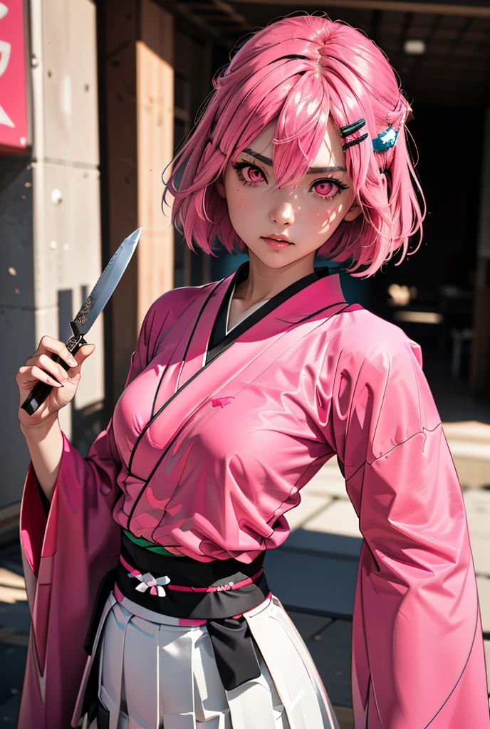 (masterpiece, best quality), 1girl,   SonaOkita, 1girl, solo, pink hair, short hair, skirt, hairclip, black thighhighs, long sleeves, hair between eyes, pleated skirt, japanese clothes, wide sleeves, pink eyes, pink kimono, sash, obi, white skirt, medium breasts,Holding a pink knife in his hand 