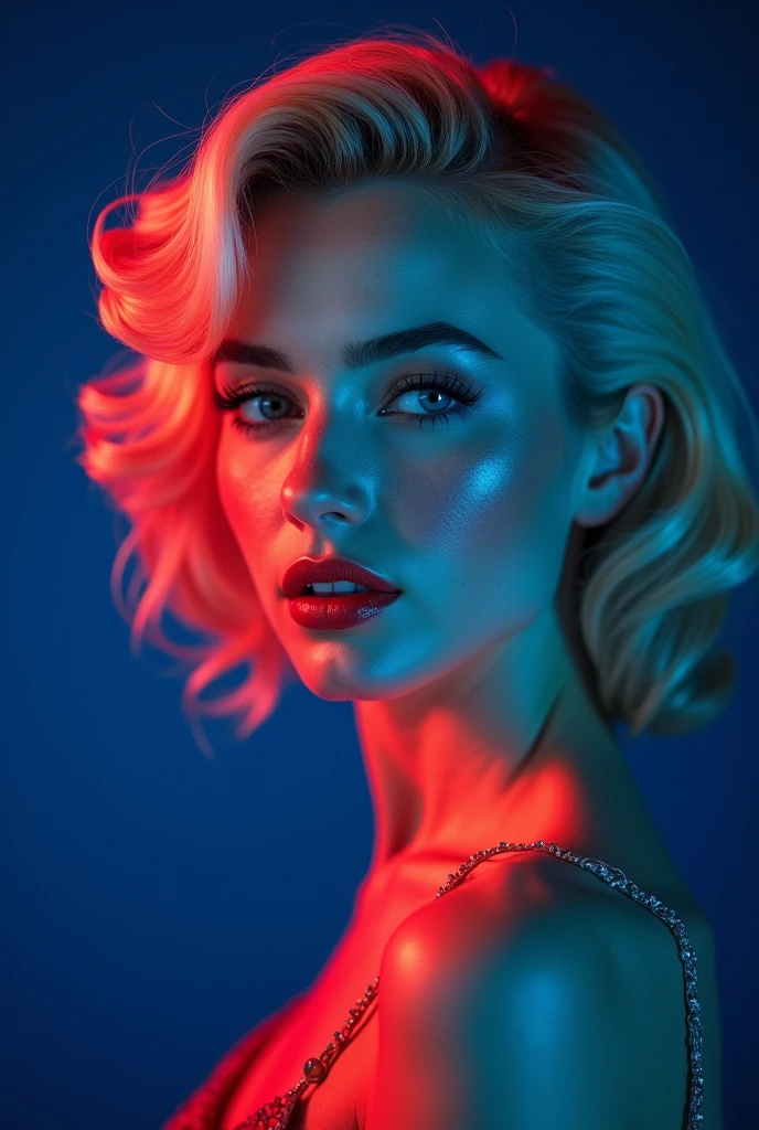 woman with realistic freckles and Marilyn Monroe hair and blue and red studio lights on her and dark blue background