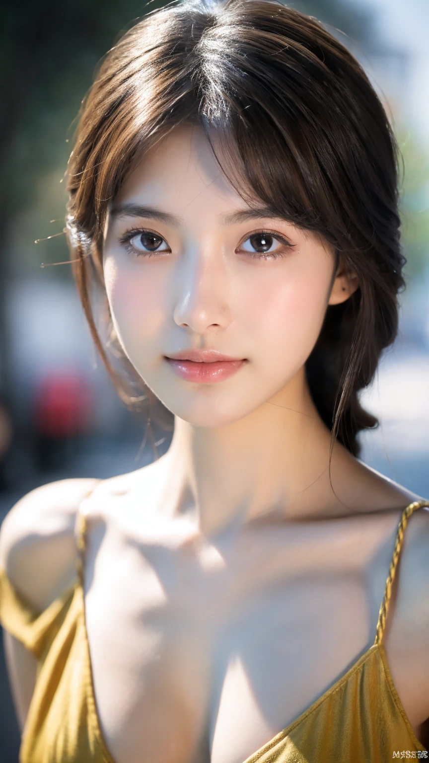 ((Best quality, 8k, masterpiece:1.3))，1girl，18 years old，Asian，Real texture:1.3，(Background blur:1.1)，Sexy，Tall and slender figure:1.2，(Hot summer weather)，（street:1.3），Highly detailed face and skin textures，Exquisite eyes，Long eyelashes，Double eyelids，Skin Whitening，happy，Various lenses，Beautiful breasts