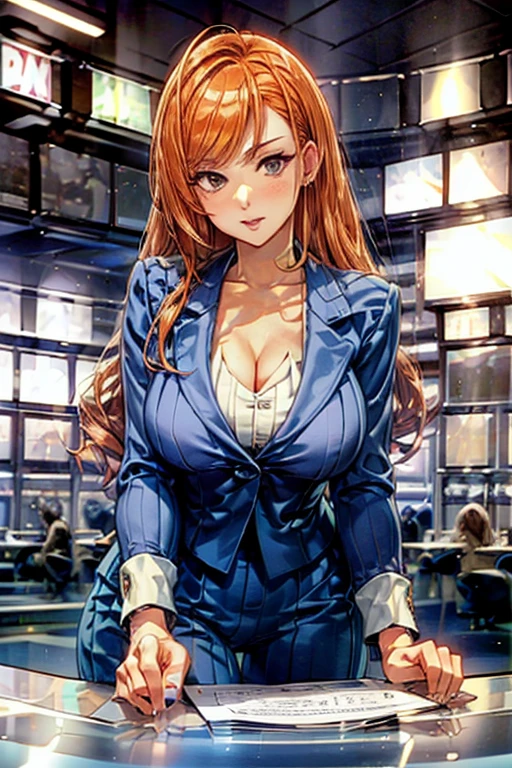 JS_news,News Studio, Masterpiece、8k、High resolution、(Natsuha Arisugawa、Orange Hair、Long Hair)、announcer、Formal suit、Cleavage、Sit opposite the counter、Cleavage