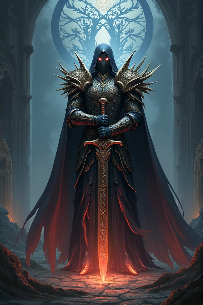 Create a highly detailed fanart of King Irmin as a playable character in *Genshin Impact*. Portray him as a tall, imposing figure with regal, dark armor adorned with intricate runes that hint at his connection to Forbidden Knowledge. His eyes should glow with an eerie, otherworldly light, symbolizing the dangerous power he wields. His weapon is a massive, ancient sword that radiates dark energy, and in the background, a shadowy outline of the Irminsul tree looms, intertwining with mysterious symbols. The environment is a mix of ruins and corrupted landscapes, echoing the fall of Khaenri'ah. Capture the essence of a fallen king with immense, but cursed power, blending elements of royalty and darkness.