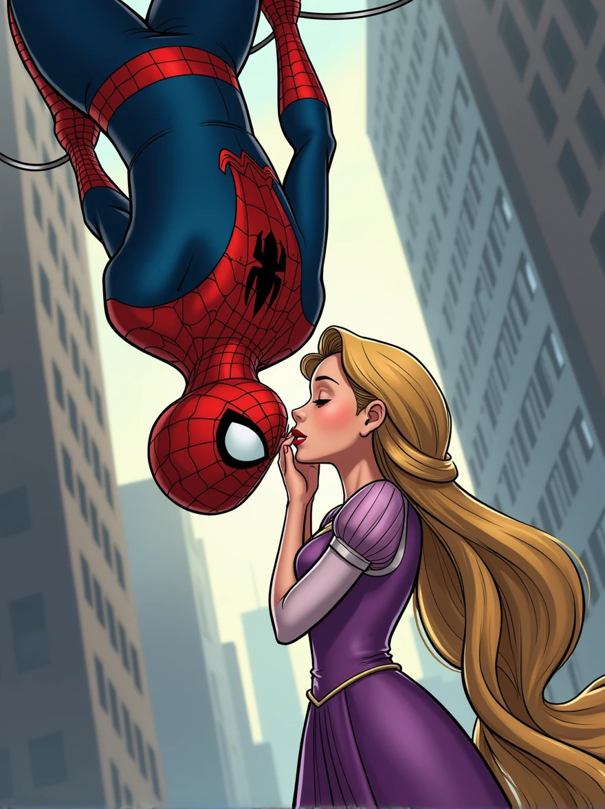 Make a comic book style one where Spiderman and Rapunzel kiss while Spiderman hangs upside down from his web. Rapunzel has to stand holding her face, which will be uncovered and Spiderman's face will be visible and it will be seen that he is Peter Parker