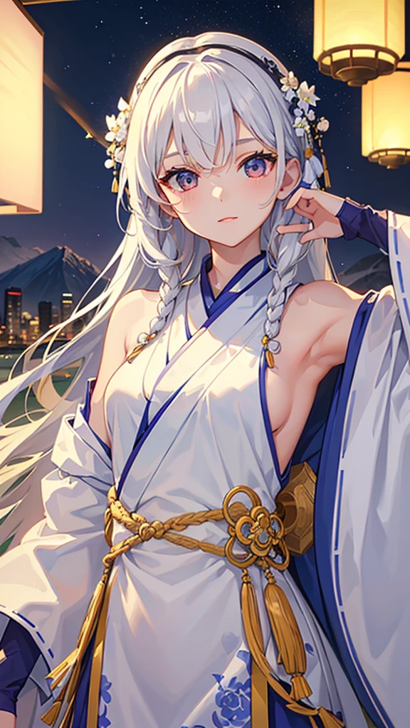 best quality, masterpiece, High resolution,, 1 girl, Detailed face, (Upper Body:1.6), Internet city, Mountains and rivers, night, Firefly lamps, actual, Rich in details, (White Hanfu:1.2), (Beautiful body:1.4),