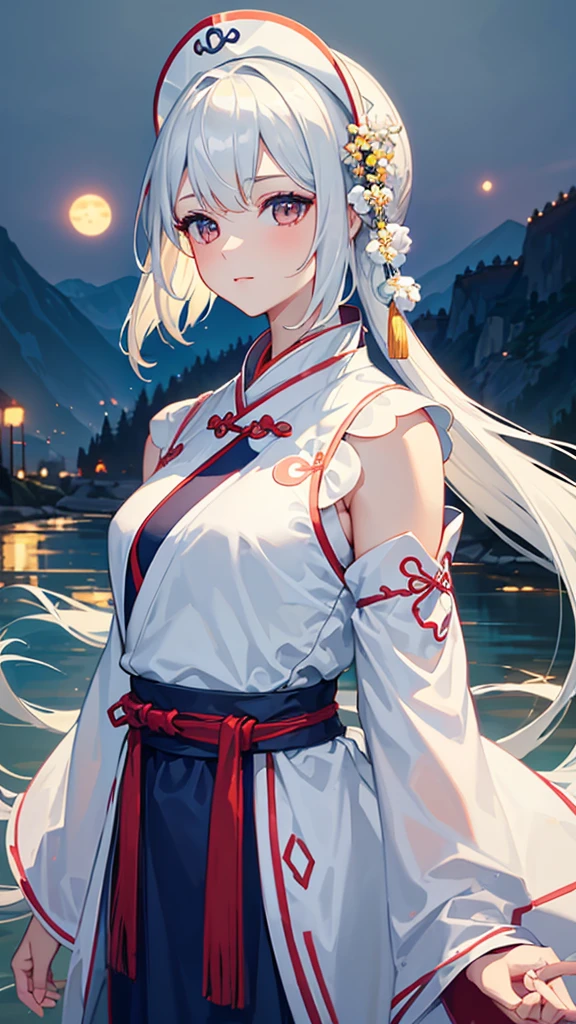 best quality, masterpiece, High resolution,, 1 girl, Detailed face, (Upper Body:1.6), Internet city, Mountains and rivers, night, Firefly lamps, actual, Rich in details, (White Hanfu:1.2), (Beautiful body:1.4),