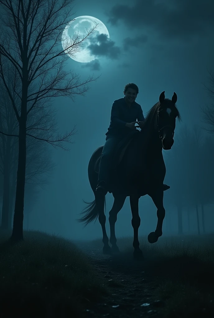 A person terrified because he suddenly heard the sound of a horse&#39;s deep, resonant sound as if the ground itself were trembling under his hooves., at night 
