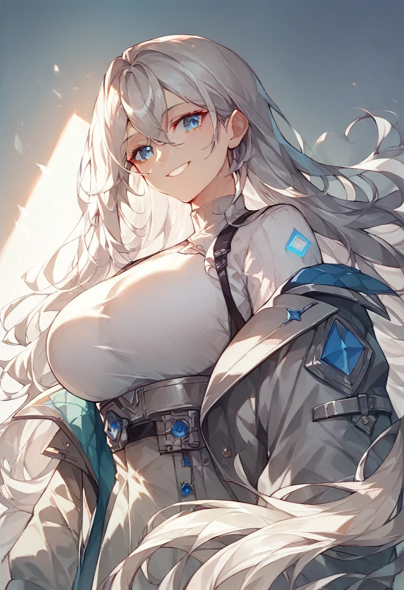 ((masterpiece)),((Highest quality)),High resolution,Highly detailed CG,Perfect lighting,8k wallpaper, One Girl,,Silver Hair,Very long hair,Bright Blue Eyes,Looking into the camera, Alisa Mikhailovna Kujo 、Large Breasts、smile、Grey jacket