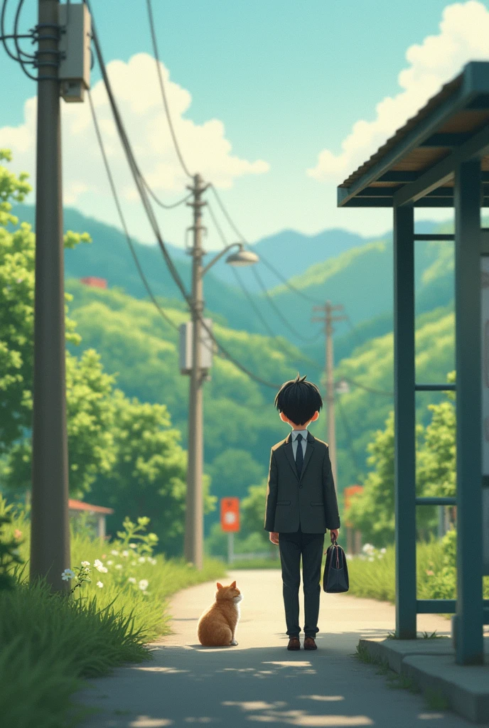 Shanghai,35mm lens,Multiple angles,Countryside scenery,Suburban,Back,side,silhouette,Overhead shot,Cat,Standing,doll,Carrying a small school bag,Bus stop,Shanghai, cloak,Ruan Jia,Suit,tie, (Delicate face), (Fine fluffy fur),(35mm Cinema Lens),(Multi-angle shooting),(many viewing angles)