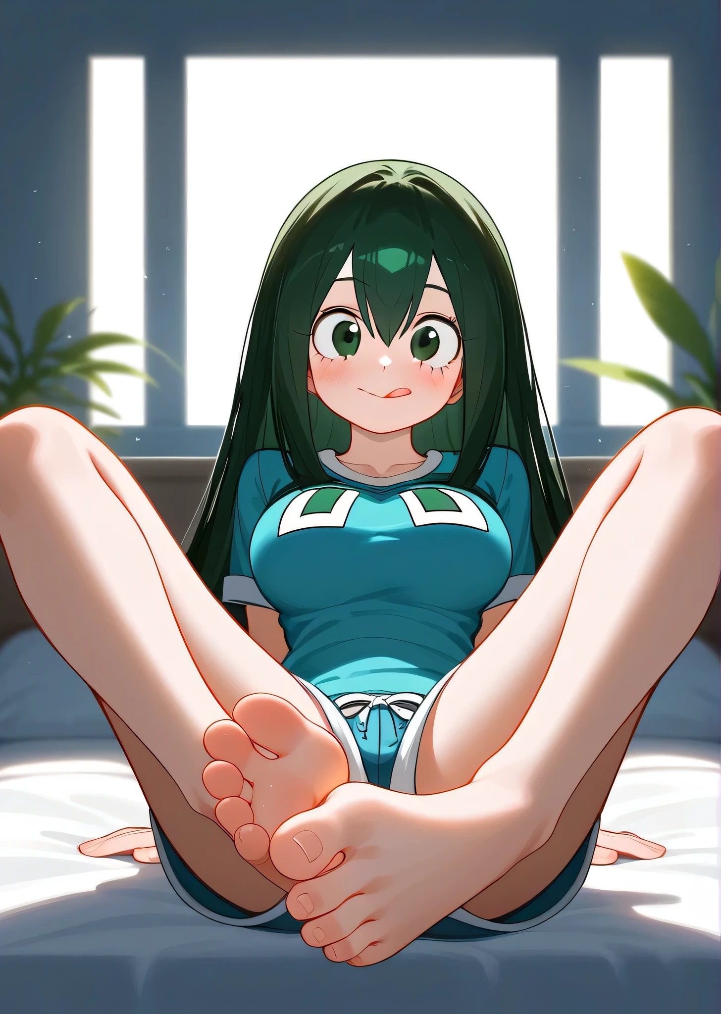 [asui_tsuyu], [Boku no hero academia], ((masterpiece)), ((high res)), ((solo portrait)), ((front view)), ((full body)), ((foot focus)), ((HD)), ((detailed shading)), ((intricate details)), {(attractive figure), (cute round green eyes), (long dark green hair), (short eyelashes), (beak-shaped lips), (large breasts), (curvy hips), (beautiful legs), (cute soft feet), (blank expression), (blushing), (sticking tongue out)}, {(short sleeve tee shirt), (blue pajama shorts)}, {(sitting on bed), (looking at viewer)}, [ambient lighting, living room room, window, sun rays]