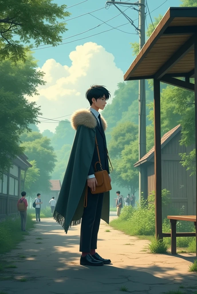 Shanghai，35mm lens，Multiple angles，Countryside scenery，Suburban，Back，side，silhouette，Overhead shot，Cat，Standing，doll，Carrying a small school bag，Bus stop，Shanghai， cloak,Ruan Jia,Suit,tie, (Delicate face), (Fine fluffy fur)，（35mm Cinema Lens），（Multi-angle shooting），（many viewing angles）