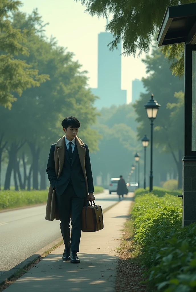 Shanghai,35mm lens,Multiple angles,Countryside scenery,Suburban,Back,side,silhouette,Overhead shot,Cat,Standing,doll,Carrying a small school bag,Bus stop,Shanghai, cloak,Ruan Jia,Suit,tie, (Delicate face), (Fine fluffy fur),(35mm Cinema Lens),(Multi-angle shooting),(many viewing angles)