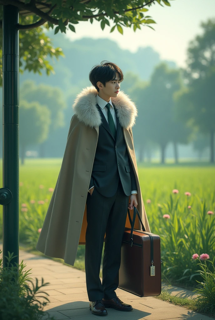 Shanghai，35mm lens，Multiple angles，Countryside scenery，Suburban，Back，side，silhouette，Overhead shot，Cat，Standing，doll，Carrying a small school bag，Bus stop，Shanghai， cloak,Ruan Jia,Suit,tie, (Delicate face), (Fine fluffy fur)，（35mm Cinema Lens），（Multi-angle shooting），（many viewing angles）
