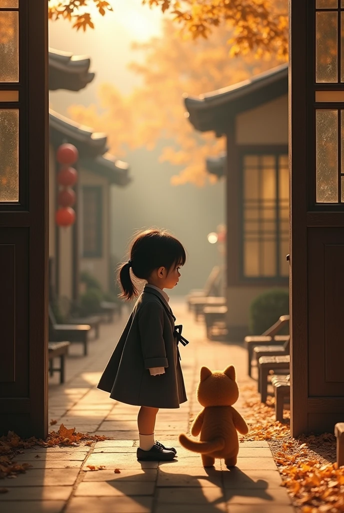 Beijing街头,35mm lens,Multiple angles,Countryside scenery,Suburban,Back,side,silhouette,Overhead shot,Cat,Standing,doll,Carrying a small school bag,tram,Beijing,Autumn woods,Wooden house,Platform, cloak,Ruan Jia,Suit,tie, (Delicate face), (Fine fluffy fur),(35mm Cinema Lens),(Multi-angle shooting),(many viewing angles)