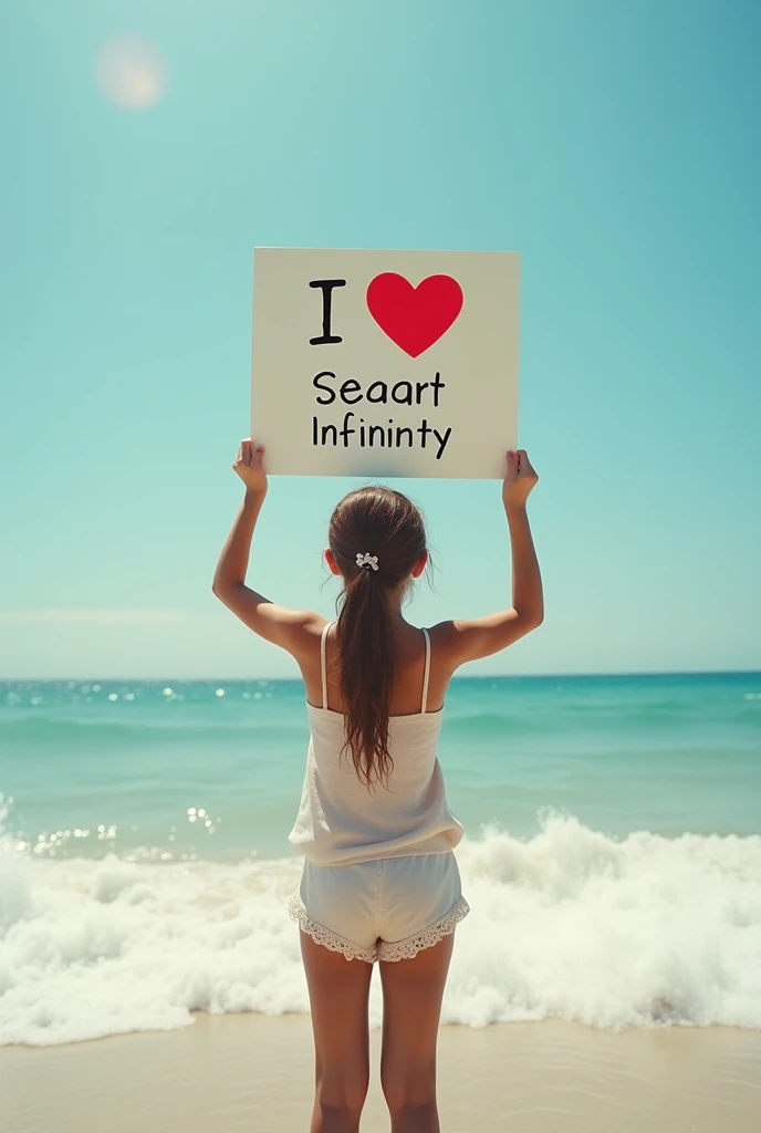 Hyperrealism,A girl holds up a sign that says “I Love Seaart Infinity”,Standing by the sea,Movie-quality images,Sunlight,Waves,Beach