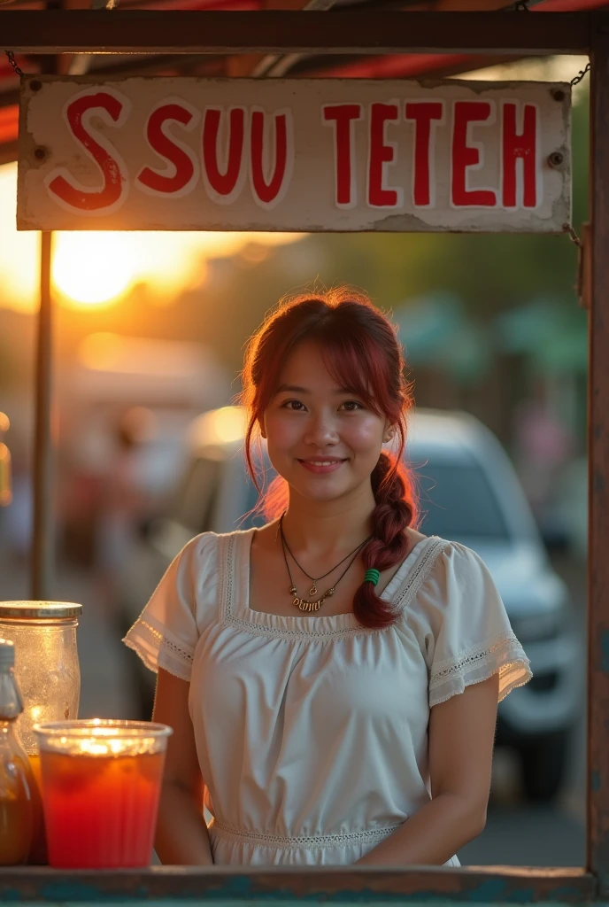 realistic photo shows a 28 year old Sundanese girl selling iced tea. She was wearing a knee-length white house dress, chubby, her hair was dyed slightly reddish, tied in a ponytail, wearing a necklace that said "putra" She was in a simple booth that was marked "ES SUSU TETEH" in big letters and spelled correctly. Late afternoon atmosphere, illuminated by the setting sun. very detail.