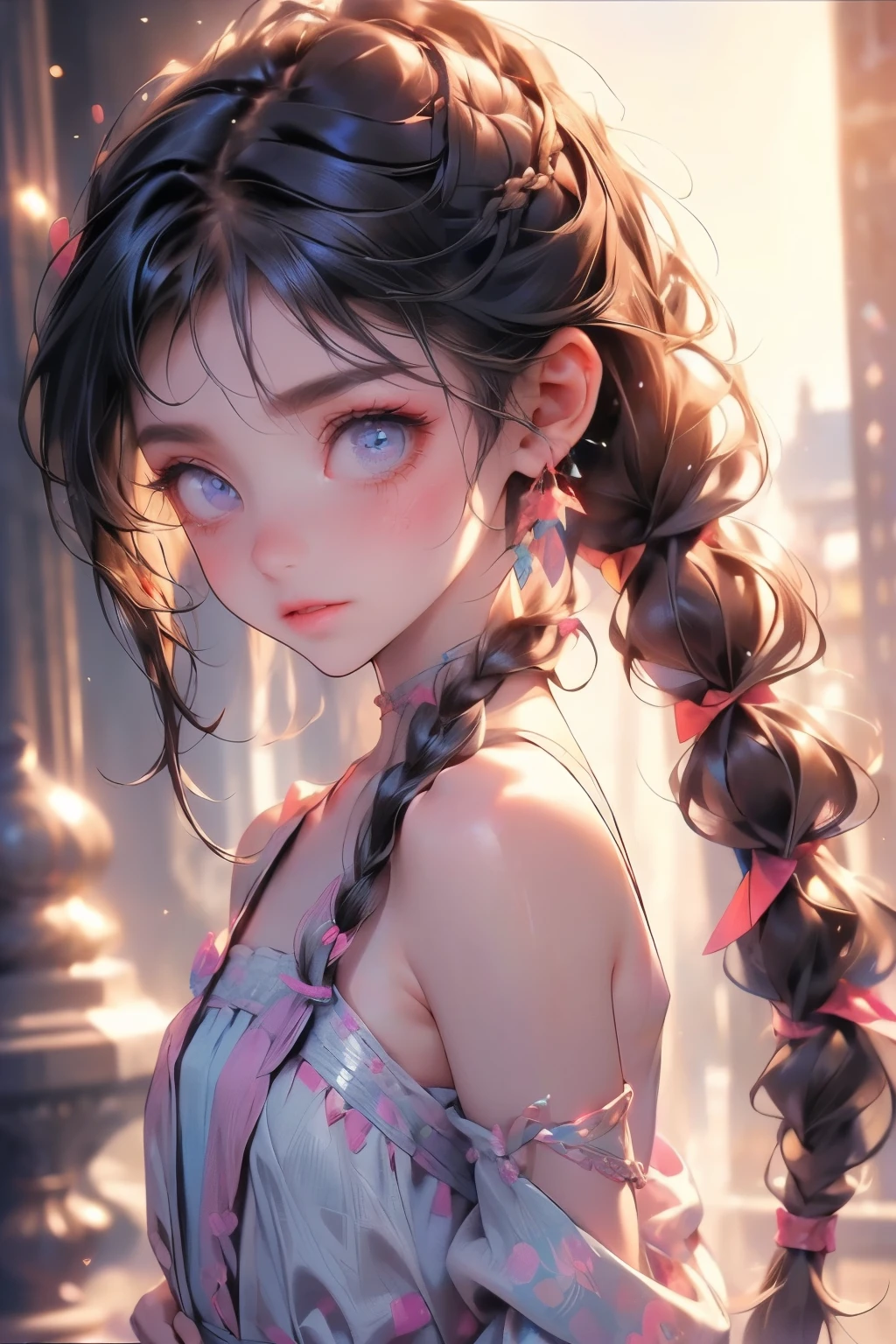 ((best quality)), ((masterpiece)), (detailed), 1girl, (big forhead:1.2),extremely detailed cute anime face, (((flat chest))), (flat chest:1.1),((((long twin braids,tight braids,long braid,braided hair,long hair)))),intricate eyes,beautiful detailed eyes,symmetrical eyes,(((detailed face))),beautiful detailed lips, looking at this, (((embarrassed))),(horrified expression),(panic),(crying),highres,(best quality),(ultra detailed,extremely detailed),perfect face details, ((masterpiece:1.4, best quality))+, (ultra detailed)+, long twintails, cute girl, (flat chest:1.1), small breasts, slim body, skinny, (narrow hips), prominent collarbones, skinny arms, flat stomach, visible hip bones, long hair, red hair, white hair, blonde hair, dark hair, ponytail, thick ponytail, heavy ponytail, small breasts, perfect face, small breasts (flat chest:1.1), NSFW, long revealing gown,Detailed body,Full limbs,(from behind), (turning), NSFW, (flat chest:1.1), nude