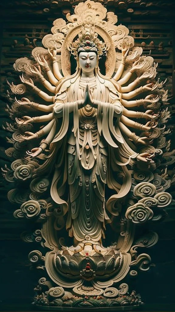 masterpiece,Best quality at best,UHD,8k wallpaper,actual,masterious,(realisticlying:1.4),1 Giant Girl,full bodyesbian, a golden statue of Thousand Hands Guan yin , Multiple hands holding some holly chinese weapons, ancient style, Eau,wave,