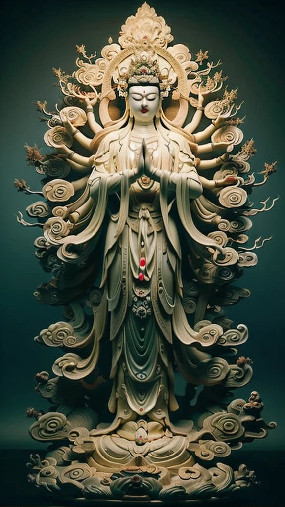 masterpiece,Best quality at best,UHD,8k wallpaper,actual,masterious,(realisticlying:1.4),1 Giant Girl,full bodyesbian, a golden statue of Thousand Hands Guan yin , Multiple hands holding some holly chinese weapons, ancient style, Eau,wave,