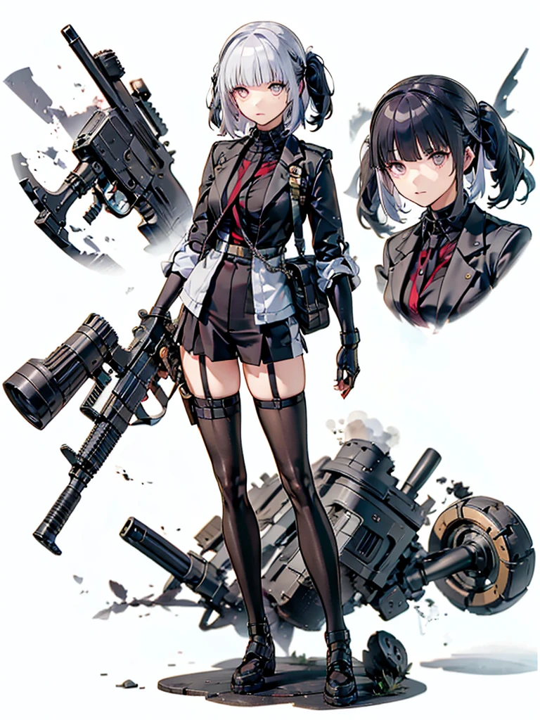 holding_gun, assault_rifle, Very detailed, Anime Style, whole body, alone, Stylish Gunfighter Girl, Holding a steampunk long barrel pistol,Standing in the wasteland, 8K high resolution, White Background, whole body