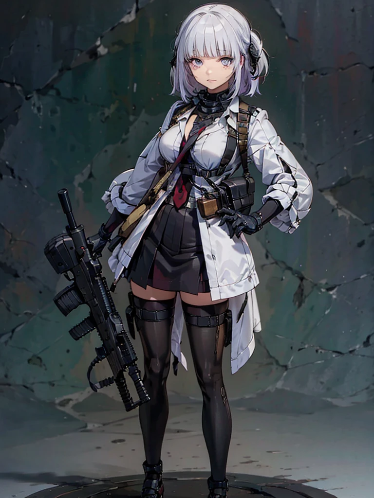 holding_gun, assault_rifle, Very detailed, Anime Style, whole body, alone, Stylish Gunfighter Girl, Holding a steampunk long barrel pistol,Standing in the wasteland, 8K high resolution, White Background, whole body