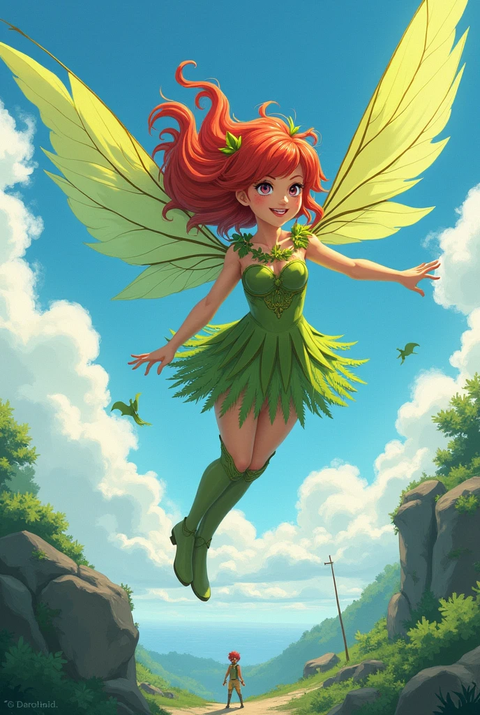 anime illustration . A giant gorgeous great fairy soars through the air with her fairy wings and sassy expression. she has red hair. fern in her body. She is looking with a cheeky face to a little hero silluete in the bottom. The vivid painting captures every intricate detail of the fairy's delicate features, making it a mesmerizing work of art that truly brings the fantasy world to life