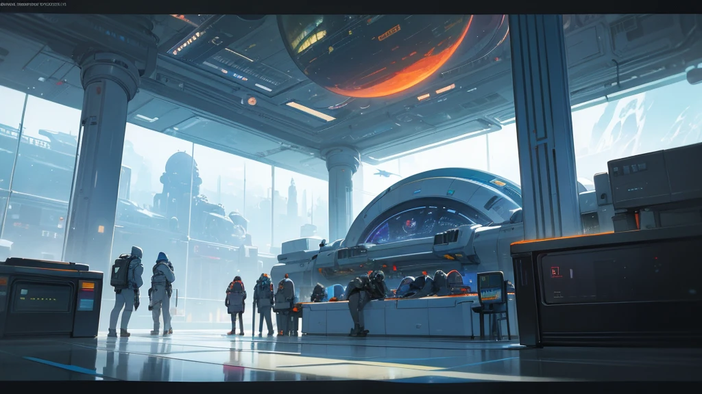 design the lobby of a futuristic space station in orbit. from the station window you can see the planets and the solar system. stunning art with vivid colors. a huge station!