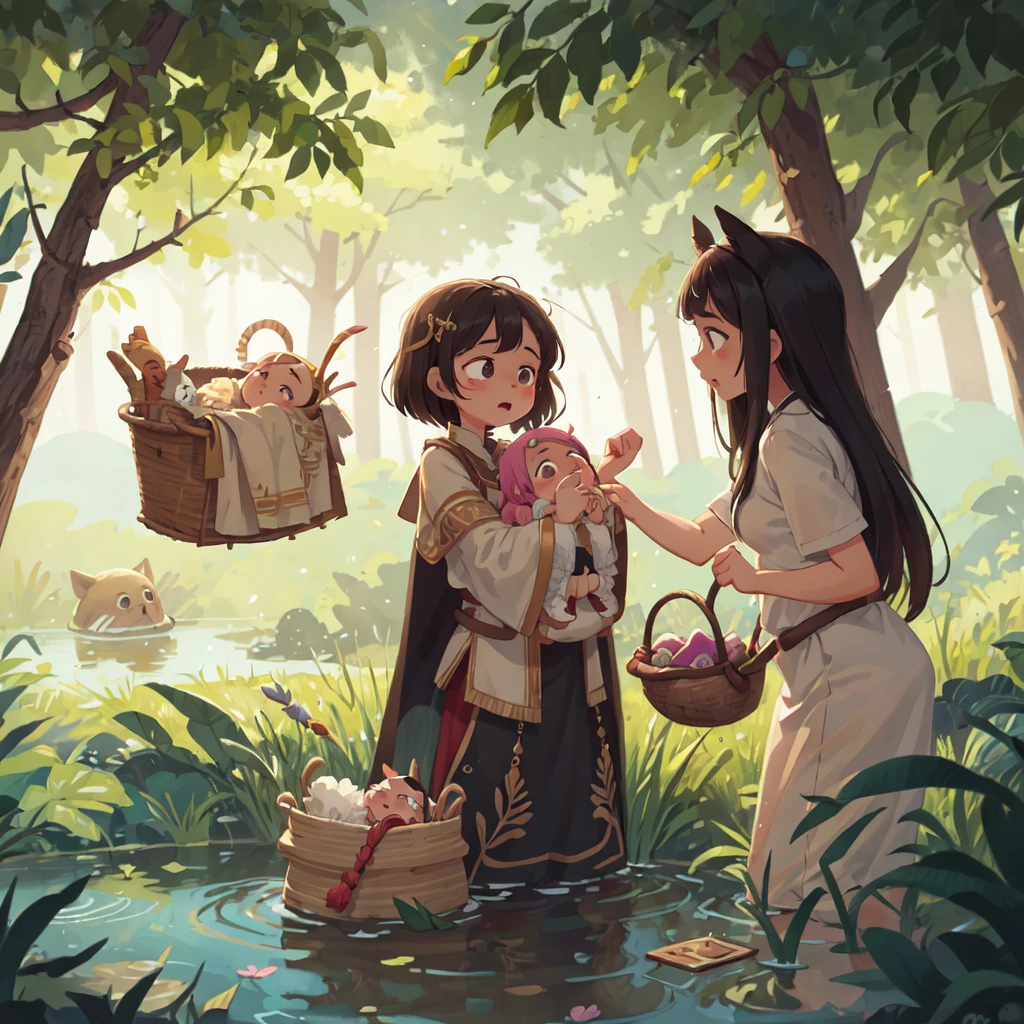 Pharaoh's daughter lifts the lid of the reed basket and sees the baby crying in the lake