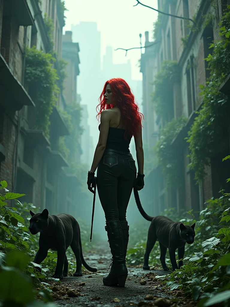 Large format 8k quality photo of a full body shot of a woman with red hai in a teared down arkham city, destoyed by deadly poisonous ivy vines and plants looking like panthers, dystopic cinematic lighting, shot on ARRI ALEXA 65 with 50mm lens