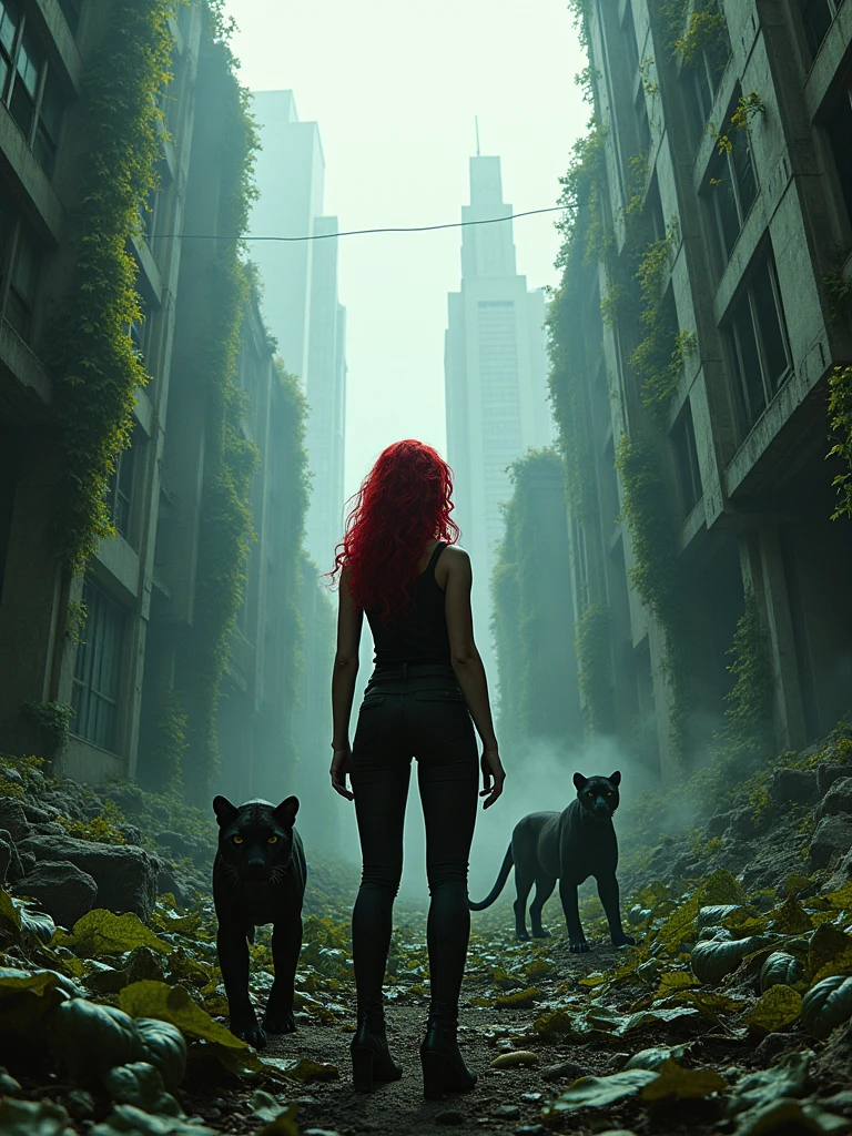 Large format 8k quality photo of a full body shot of a woman with red hai in a teared down arkham city, destoyed by deadly poisonous ivy vines and plants looking like panthers, dystopic cinematic lighting, shot on ARRI ALEXA 65 with 50mm lens