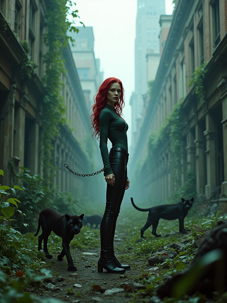 Large format 8k quality photo of a full body shot of a woman with red hai in a teared down arkham city, destoyed by deadly poisonous ivy vines and plants looking like panthers, dystopic cinematic lighting, shot on ARRI ALEXA 65 with 50mm lens