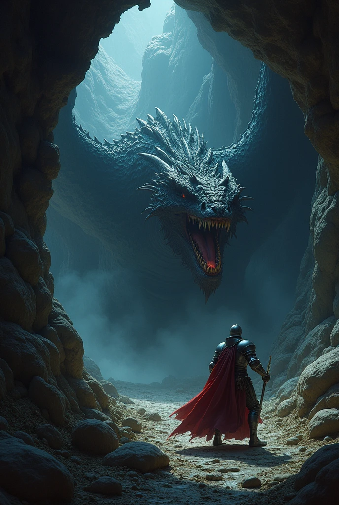 Knight Ivan,Fighting the dragon, In a dark cave, masterpiece:1.2, ultra detailed, realistic:1.37, Sharp Focus, bright colors, hips, Dramatic chiaroscuro, Horror, Kingdom's Delight