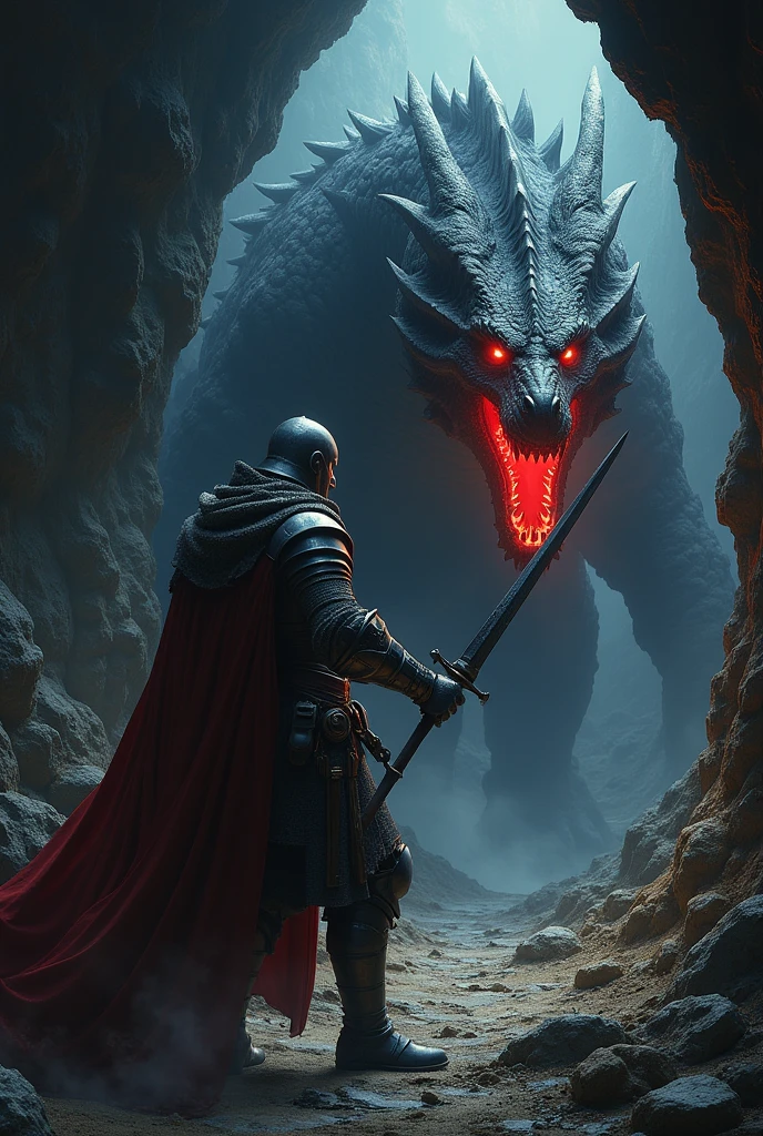 Knight Ivan,Fighting the dragon, In a dark cave, masterpiece:1.2, ultra detailed, realistic:1.37, Sharp Focus, bright colors, hips, Dramatic chiaroscuro, Horror, Kingdom&#39;s Delight