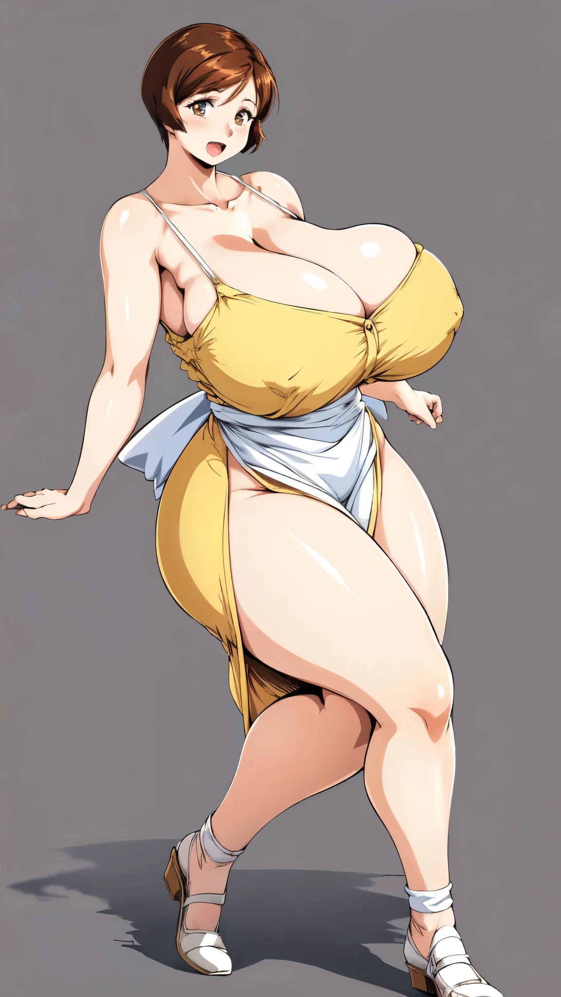 masterpiece, highest quality, High resolution, 1girl, solo, sexual intercourse, Pornographic images, short hair, etsukoto, brown Eyes, fine grain, fine grain, (((Thick thighs, Plump thighs, Voluptuous thighs, Thighs alone are enough))), ((Huge and ample breasts, Cleavage, big long breasts)), Naughty big,((big breasts are important))、((Naughty thighs)), L Cup, (thin:1.4),(Tight waist:1.4), (yellow dress:1.4), ((white waist apron)), ((white panties)), (((Simple Background))), smile, open mouth, ((Wide Hips)), Shiny, Oily skin, Mature mother, Calf, Seductive mature woman, milf, Perfect body, Plus Size Model, curvy, ample, etsukoto, blush, clavicle, retro artstyle, 1990s (style), (thick thighs:1.4), ((bursting breasts, spilling out, huge cleavage, ultra-gigantic breasts)), (((bare legs))), ((full body)), (from side),