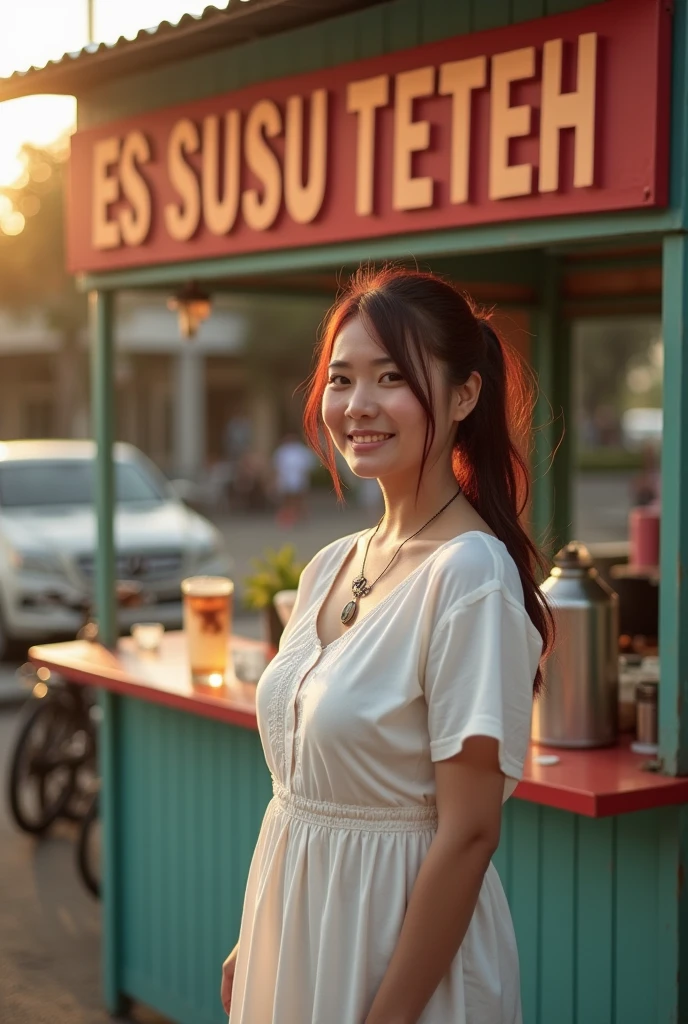 realistic photo shows a 28 year old Sundanese girl selling iced tea. She was wearing a knee-length white house dress, chubby, her hair was dyed slightly reddish, tied in a ponytail, wearing a necklace that said "putra" She was in a simple booth that was marked "ES SUSU TETEH" in big letters and spelled correctly. Late afternoon atmosphere, illuminated by the setting sun. very detail.