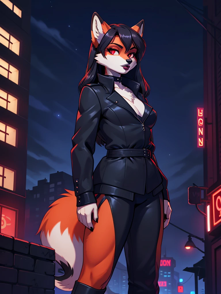 Best quality, furry girl red fox with red eyes, with black long hair, with black spout, with burgundy lipstick, big lips, in a classic black jacket, with a black choker around his neck, in a spy costume, sexy pose, stands heroically against the backdrop of the night Soviet city, noir