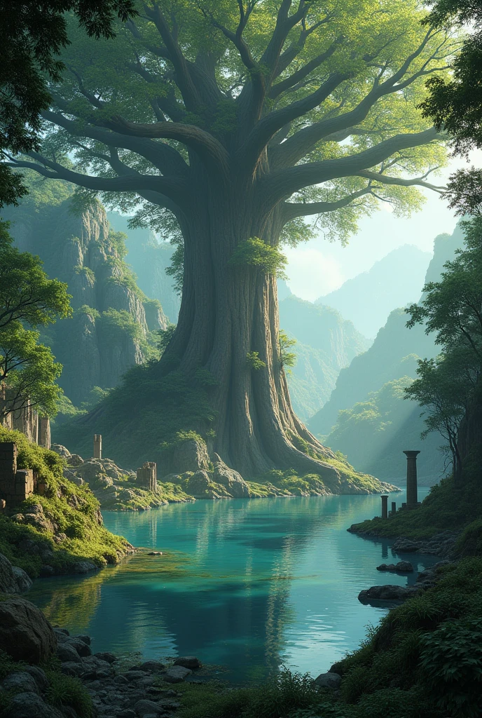 A forest with the World Tree A lake filled with clear water Overlooking the World Tree The air is fresh A lush forest Ancient ruins
