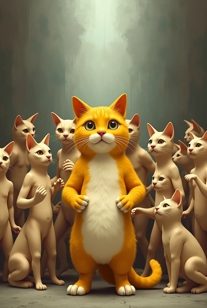 The yellow cat relies on knowledge to make money and leads other cats to wear no clothes